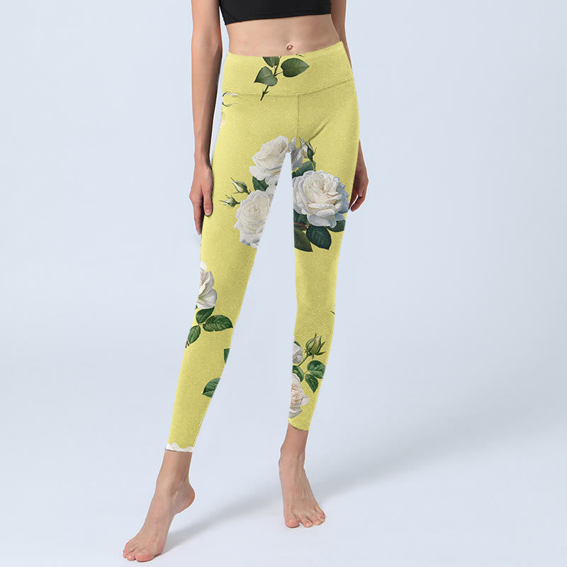 Buddha Stones Gelb Weiß Rosen Druck Sport Leggings Damen Yoga Hose - image 6