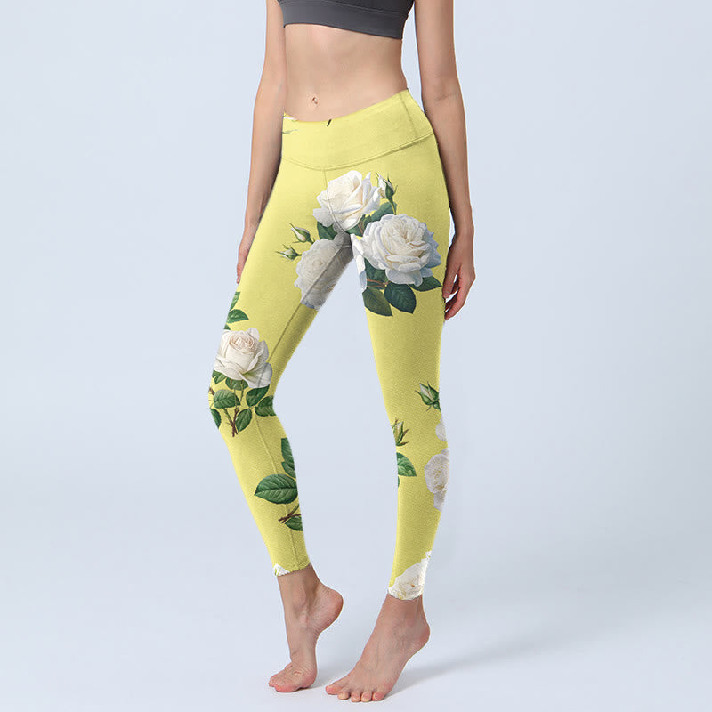 Buddha Stones Gelb Weiß Rosen Druck Sport Leggings Damen Yoga Hose - Gelb - US18, UK/AU22, EU50 (4XL) - image 0