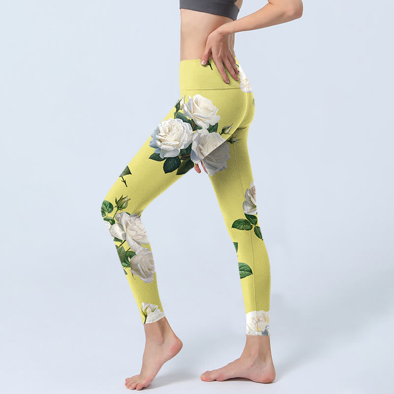 Buddha Stones Gelb Weiß Rosen Druck Sport Leggings Damen Yoga Hose