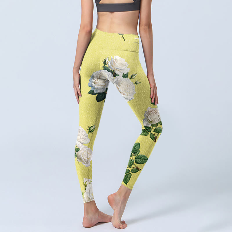 Buddha Stones Gelb Weiß Rosen Druck Sport Leggings Damen Yoga Hose