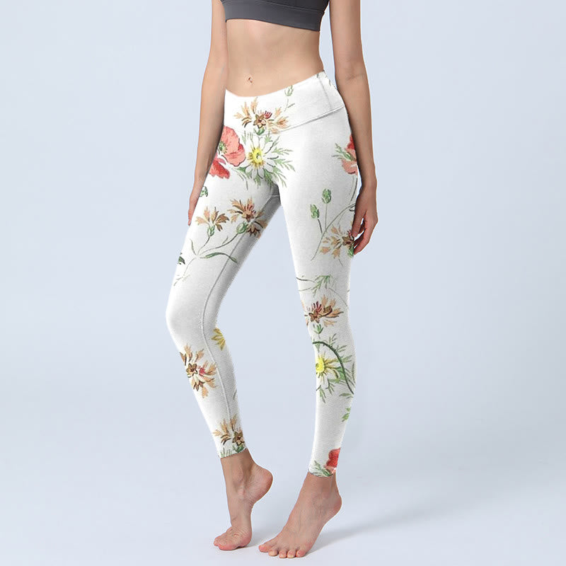 Buddha Stones Weiße Gänseblümchen Rote Blumen Druck Sport Leggings Damen Yoga Hose - Elfenbein - US18, UK/AU22, EU50 (4XL) - image 0