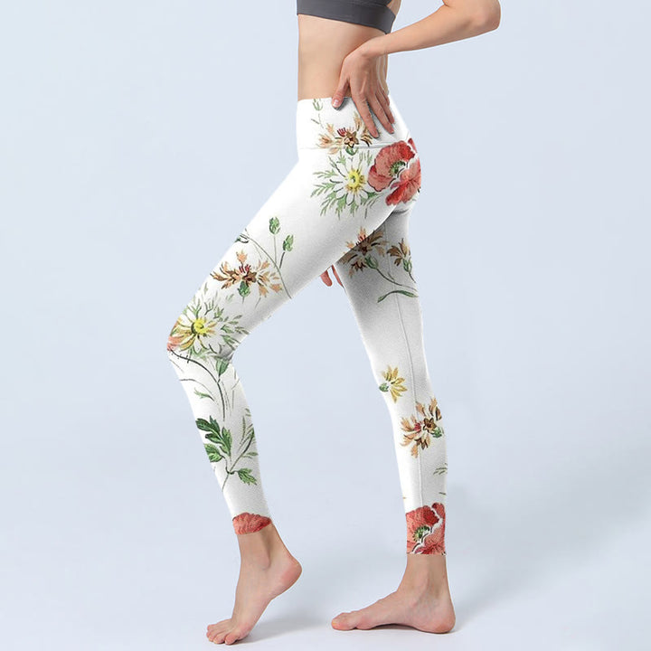 Buddha Stones Weiße Gänseblümchen Rote Blumen Druck Sport Leggings Damen Yoga Hose