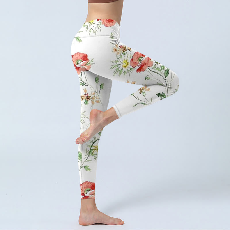 Buddha Stones Weiße Gänseblümchen Rote Blumen Druck Sport Leggings Damen Yoga Hose