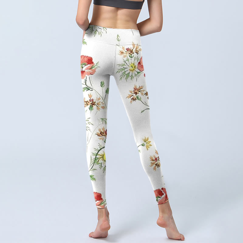 Buddha Stones Weiße Gänseblümchen Rote Blumen Druck Sport Leggings Damen Yoga Hose