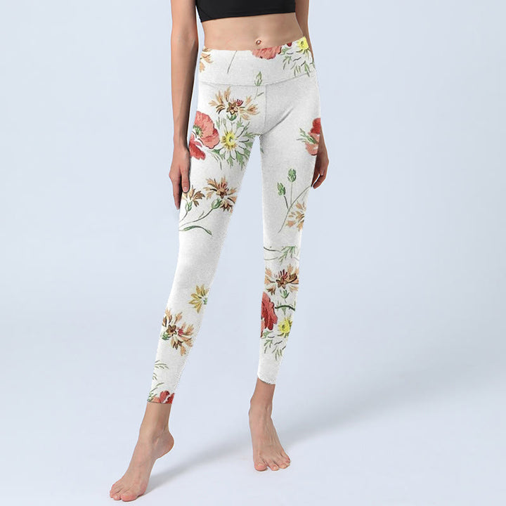 Buddha Stones Weiße Gänseblümchen Rote Blumen Druck Sport Leggings Damen Yoga Hose