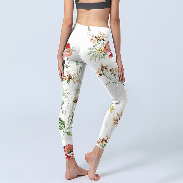 Buddha Stones Weiße Gänseblümchen Rote Blumen Druck Sport Leggings Damen Yoga Hose