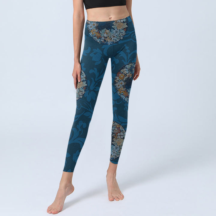 Buddha Stones Dunkelblaue Blumen in Blüte Druck Sport Leggings Damen Yoga Hose