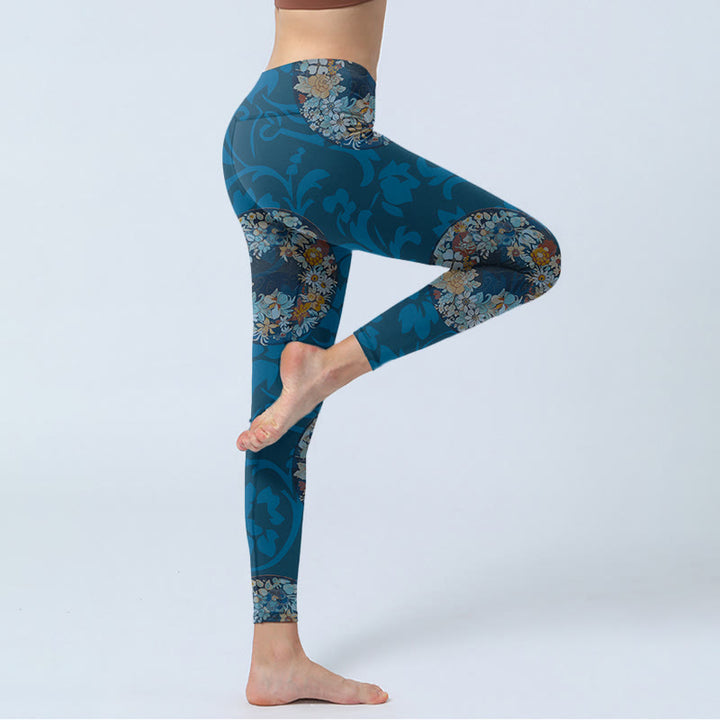 Buddha Stones Dunkelblaue Blumen in Blüte Druck Sport Leggings Damen Yoga Hose