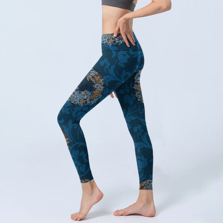 Buddha Stones Dunkelblaue Blumen in Blüte Druck Sport Leggings Damen Yoga Hose