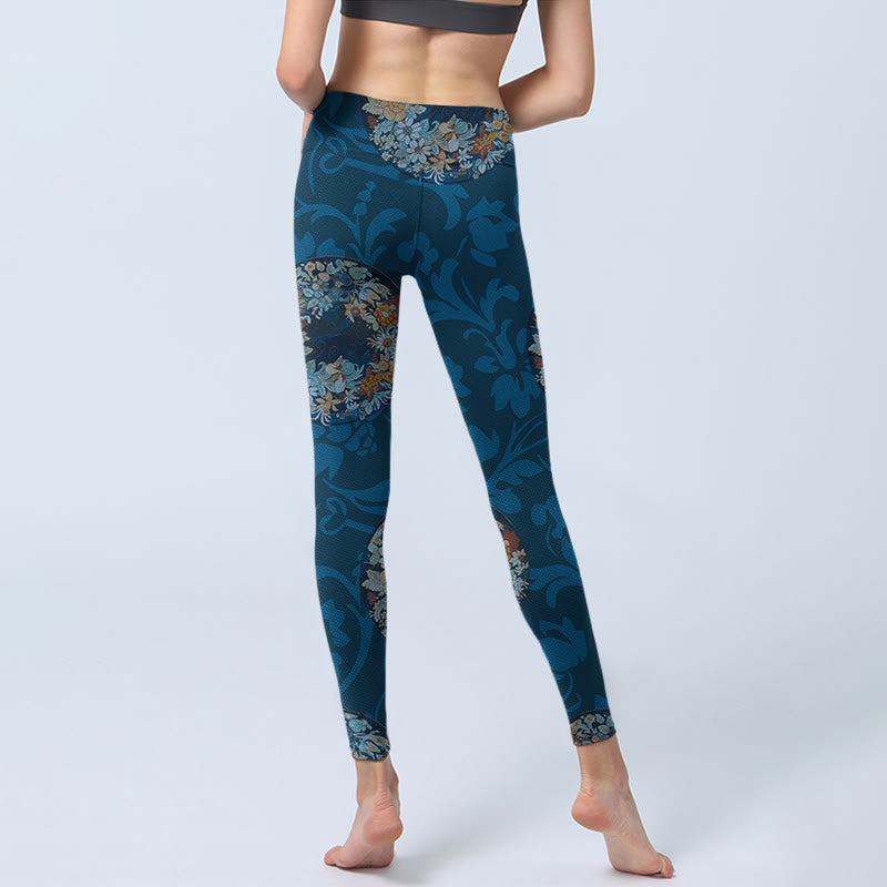 Buddha Stones Dunkelblaue Blumen in Blüte Druck Sport Leggings Damen Yoga Hose