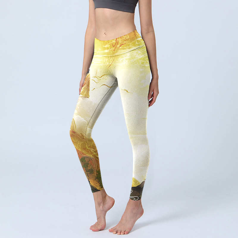 Buddha Stones Goldene Glücksbringerwolke Figur Print Fitness Leggings Damen Yogahose - LichtGoldruteGelb - US18， UK/AU22，EU50 (4XL) - image 1