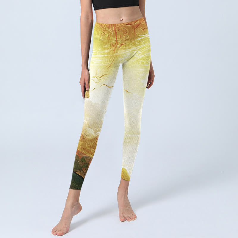 Buddha Stones Goldene Glücksbringerwolke Figur Print Fitness Leggings Damen Yogahose