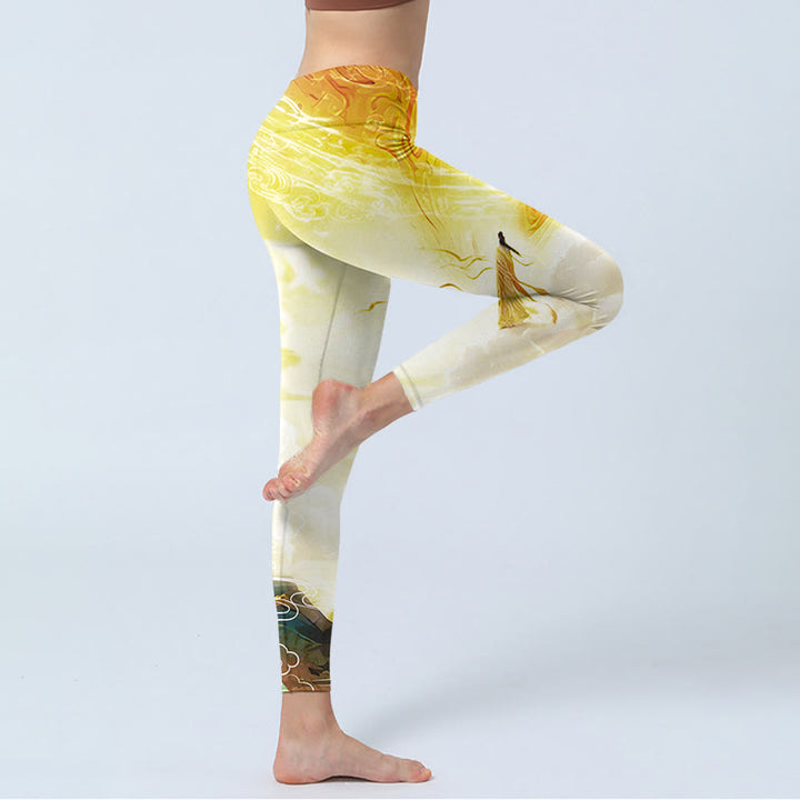 Buddha Stones Goldene Glücksbringerwolke Figur Print Fitness Leggings Damen Yogahose