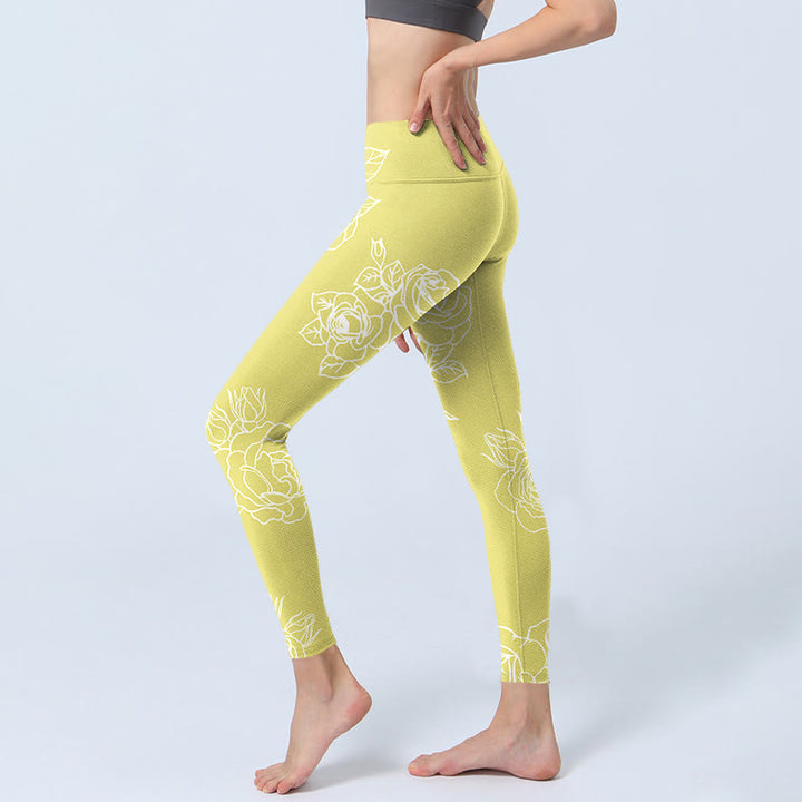 Buddha Stones Gelbe Rose Print Fitness Leggings Damen Yogahose