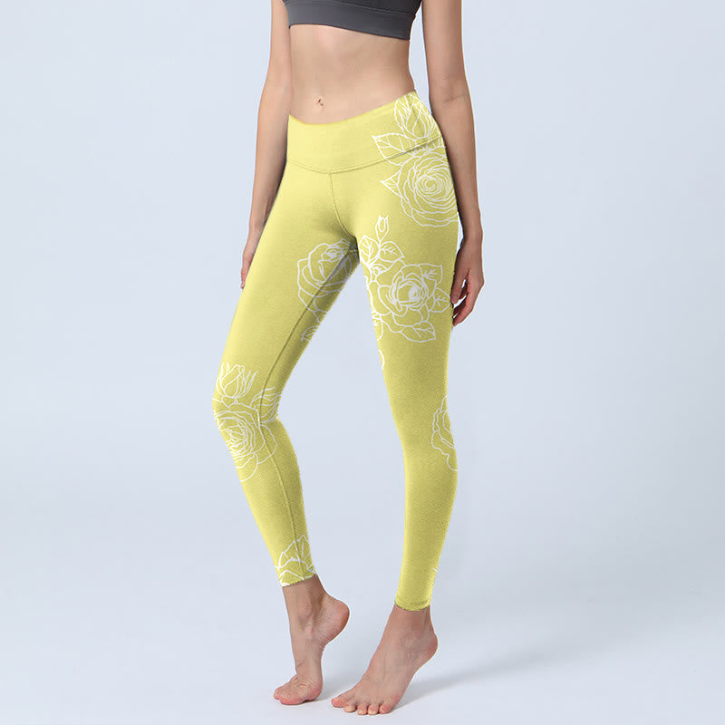 Buddha Stones Gelbe Rose Print Fitness Leggings Damen Yogahose - ZitroneChiffon - US18， UK/AU22，EU50 (4XL) - image 1