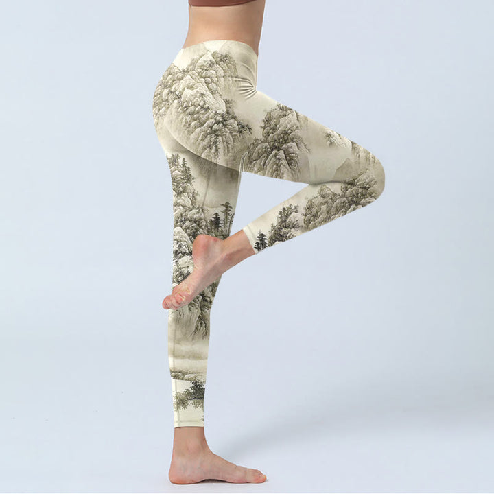 Sport-Leggings für Damen mit Buddha Stones , Berg, Baum, Fluss, Landschaftsdruck, Yogahose