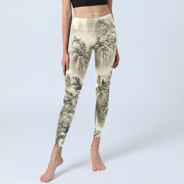 Sport-Leggings für Damen mit Buddha Stones , Berg, Baum, Fluss, Landschaftsdruck, Yogahose