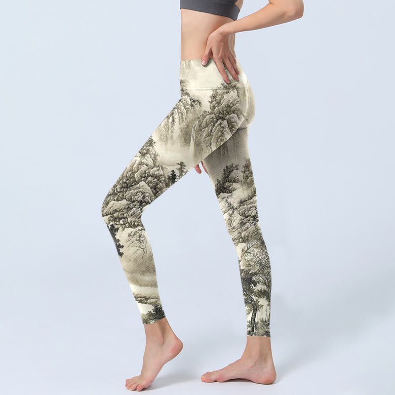 Sport-Leggings für Damen mit Buddha Stones , Berg, Baum, Fluss, Landschaftsdruck, Yogahose