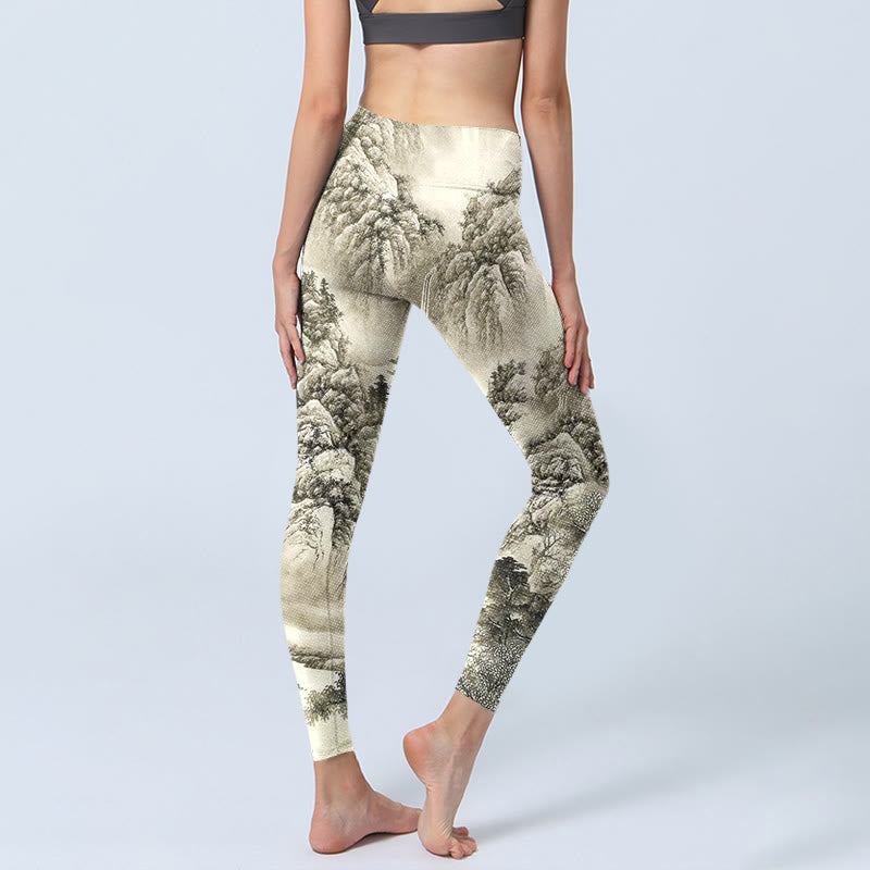 Sport-Leggings für Damen mit Buddha Stones , Berg, Baum, Fluss, Landschaftsdruck, Yogahose