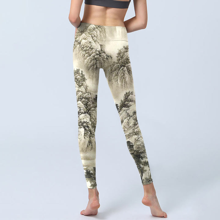 Sport-Leggings für Damen mit Buddha Stones , Berg, Baum, Fluss, Landschaftsdruck, Yogahose