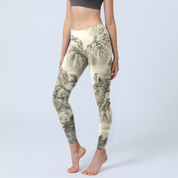 Sport-Leggings für Damen mit Buddha Stones , Berg, Baum, Fluss, Landschaftsdruck, Yogahose