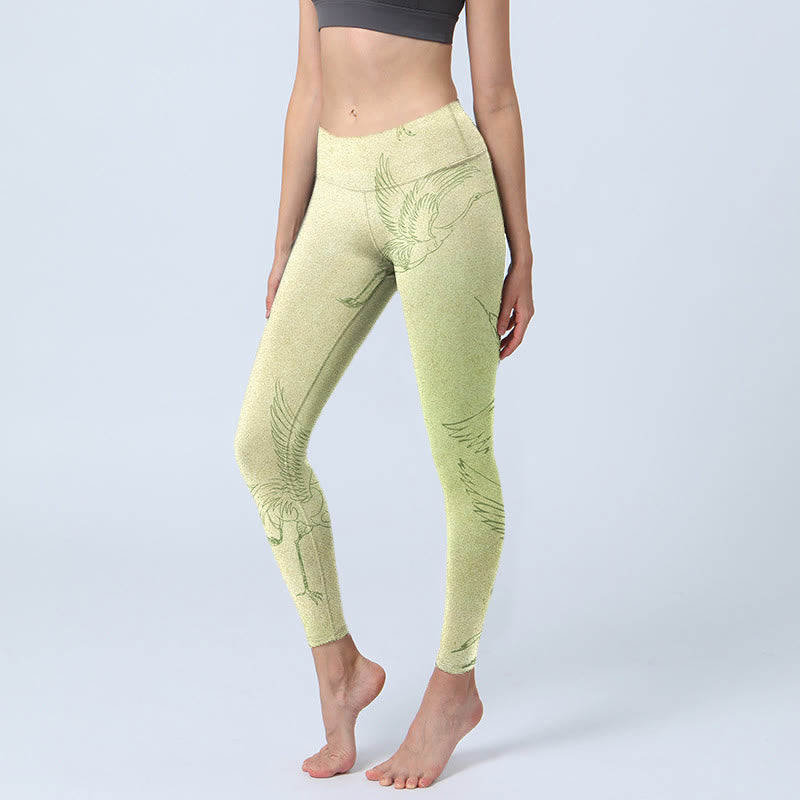 Buddha Stones Hellgelbe Kranich-Druck-Sport-Leggings für Damen Yogahose - Hellgelb - US18， UK/AU22，EU50 (4XL) - image 1