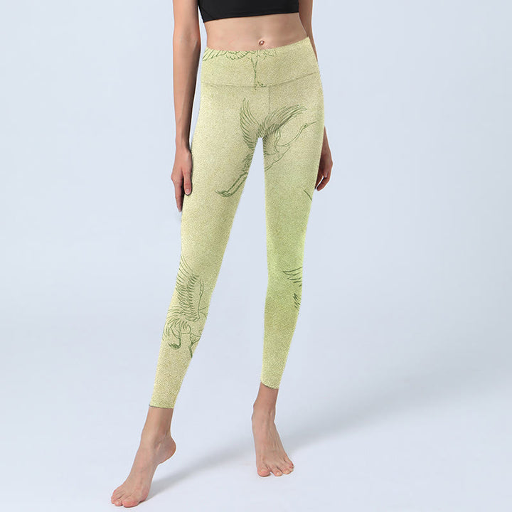 Buddha Stones Hellgelbe Kranich-Druck-Sport-Leggings für Damen Yogahose - image 6
