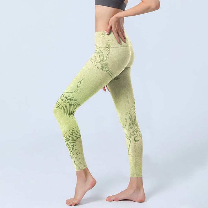 Buddha Stones Hellgelbe Kranich-Druck-Sport-Leggings für Damen Yogahose