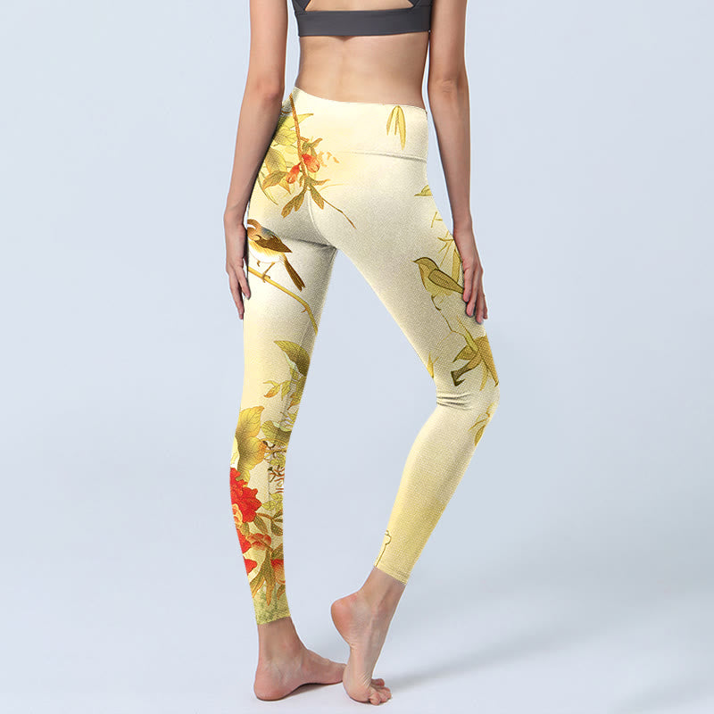 Buddha Stones Hellgelbe Pfingstrosenblumen Vögel Print Sport Leggings Damen Yogahose