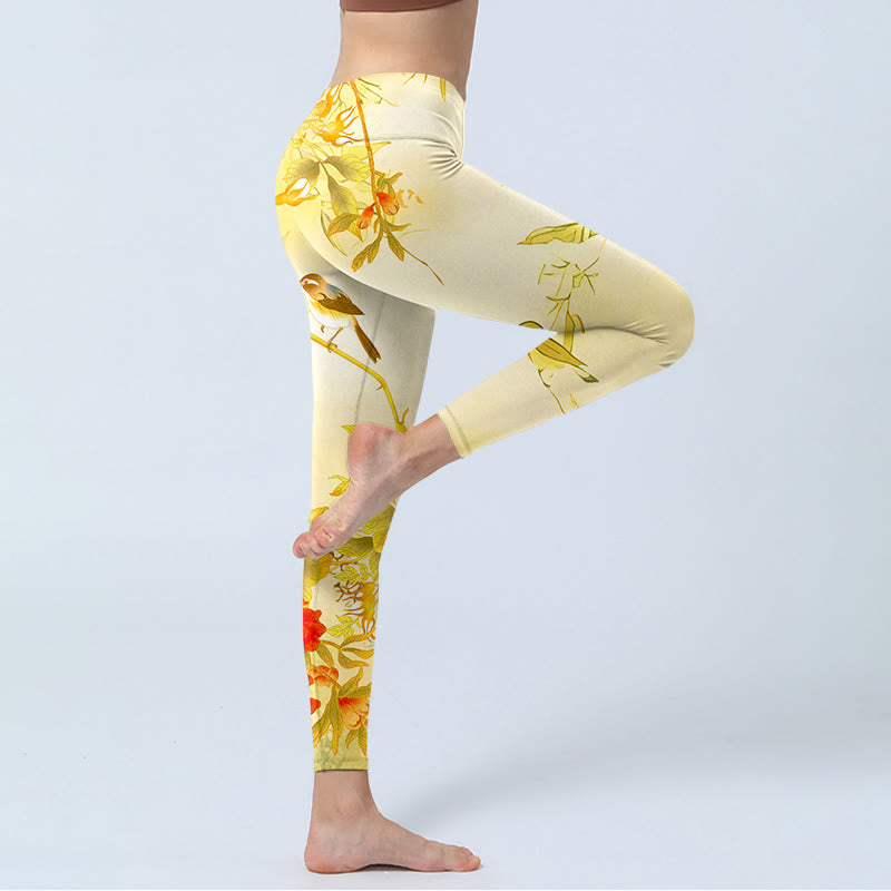 Buddha Stones Hellgelbe Pfingstrosenblumen Vögel Print Sport Leggings Damen Yogahose