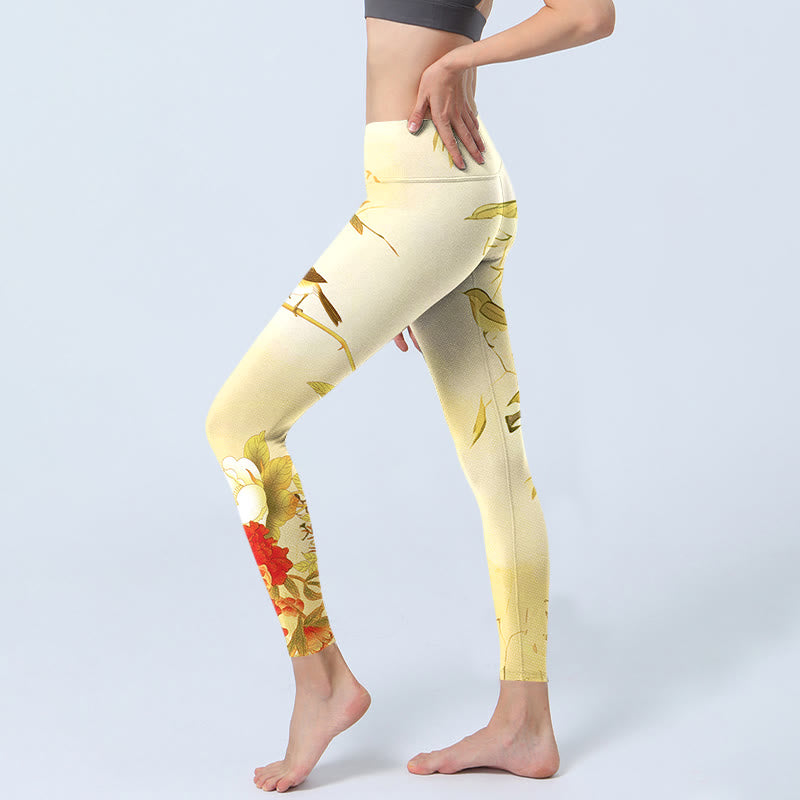 Buddha Stones Hellgelbe Pfingstrosenblumen Vögel Print Sport Leggings Damen Yogahose