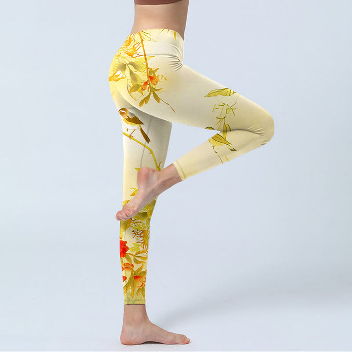 Buddha Stones Hellgelbe Pfingstrosenblumen Vögel Print Sport Leggings Damen Yogahose - image 3