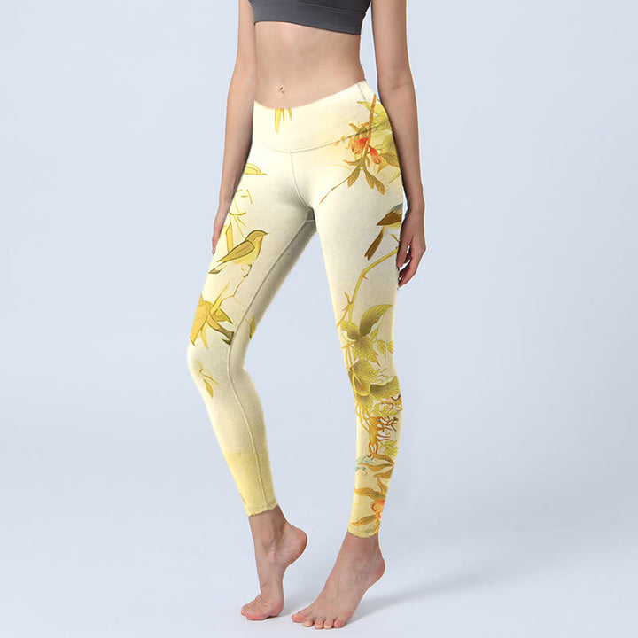 Buddha Stones Hellgelbe Pfingstrosenblumen Vögel Print Sport Leggings Damen Yogahose