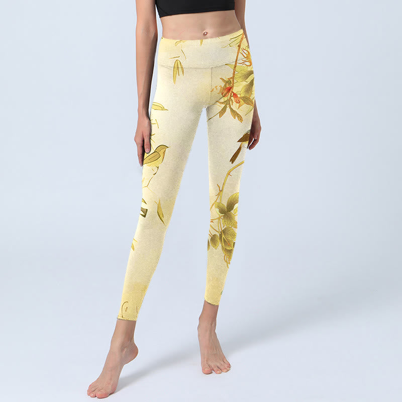 Buddha Stones Hellgelbe Pfingstrosenblumen Vögel Print Sport Leggings Damen Yogahose