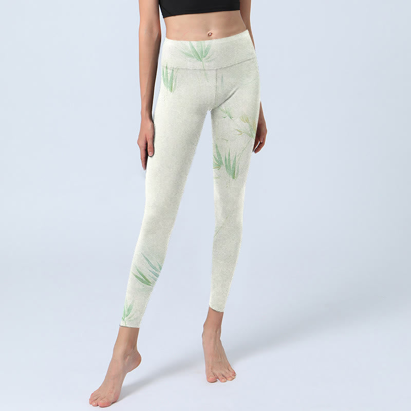 Buddha Stones Grüne Bambusblätter Print Sport Leggings Damen Yogahose