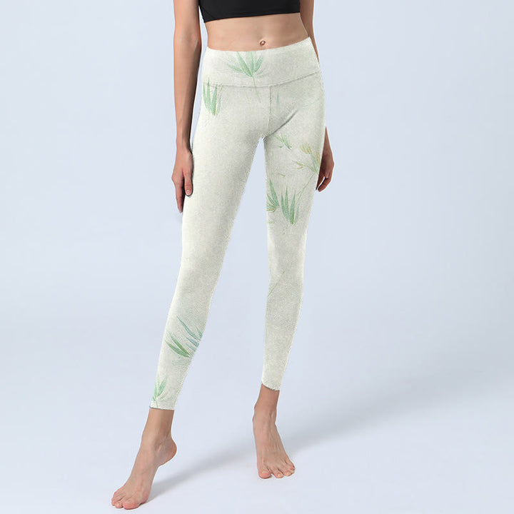 Buddha Stones Grüne Bambusblätter Print Sport Leggings Damen Yogahose