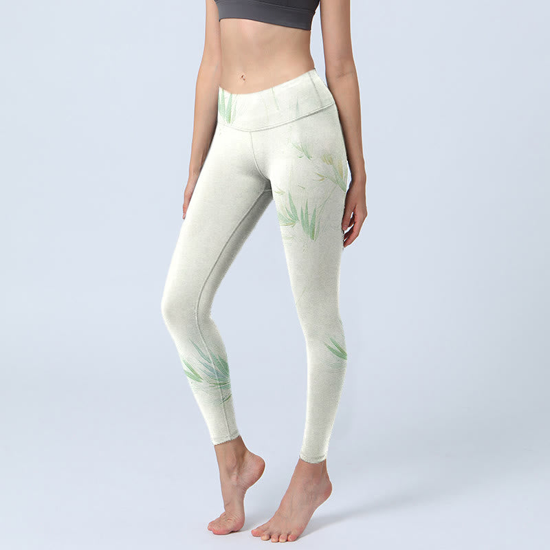 Buddha Stones Grüne Bambusblätter Print Sport Leggings Damen Yogahose - Elfenbein - US18， UK/AU22，EU50 (4XL) - image 1
