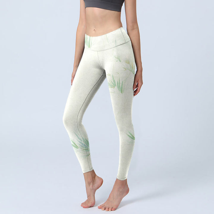 Buddha Stones Grüne Bambusblätter Print Sport Leggings Damen Yogahose - Elfenbein - US18， UK/AU22，EU50 (4XL) - image 1