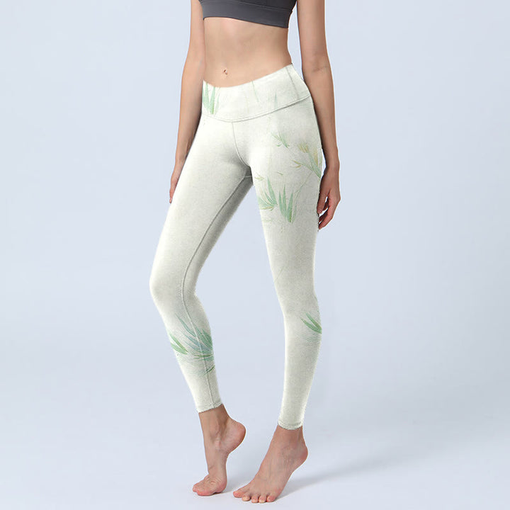 Buddha Stones Grüne Bambusblätter Print Sport Leggings Damen Yogahose