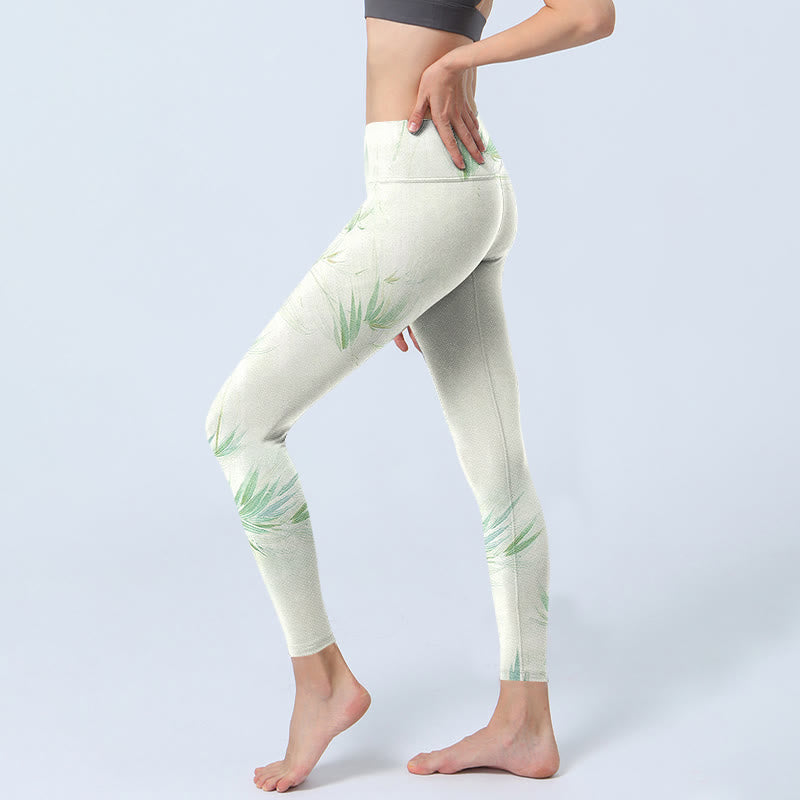 Buddha Stones Grüne Bambusblätter Print Sport Leggings Damen Yogahose - image 3