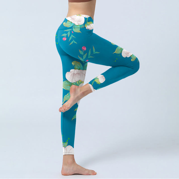 Buddha Stones Blau Weiß Blumen Blätter Druck Sport Leggings frauen Yoga Hosen