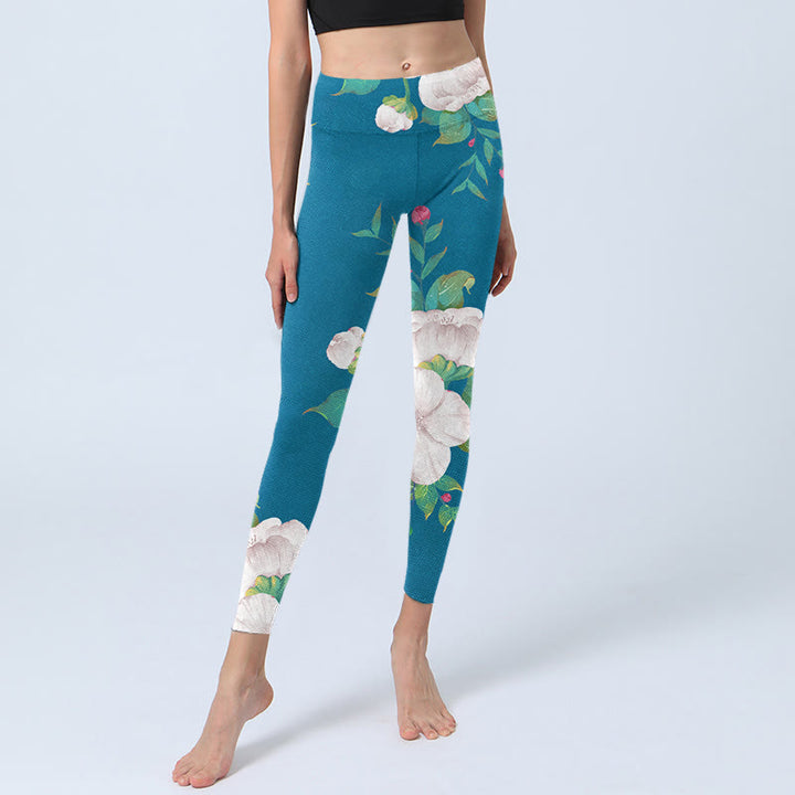 Buddha Stones Blau Weiß Blumen Blätter Druck Sport Leggings frauen Yoga Hosen