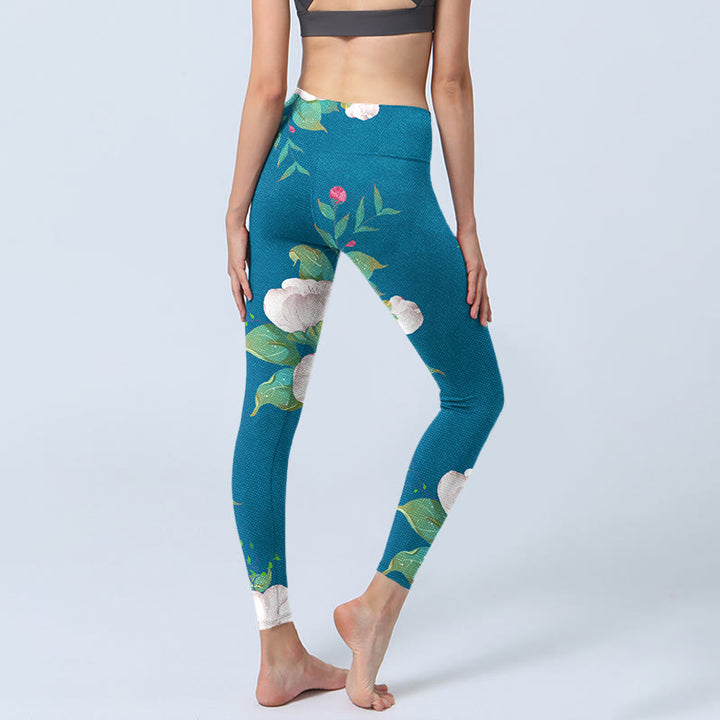 Buddha Stones Blau Weiß Blumen Blätter Druck Sport Leggings frauen Yoga Hosen