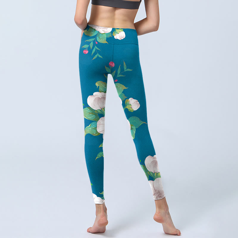 Buddha Stones Blau Weiß Blumen Blätter Druck Sport Leggings frauen Yoga Hosen