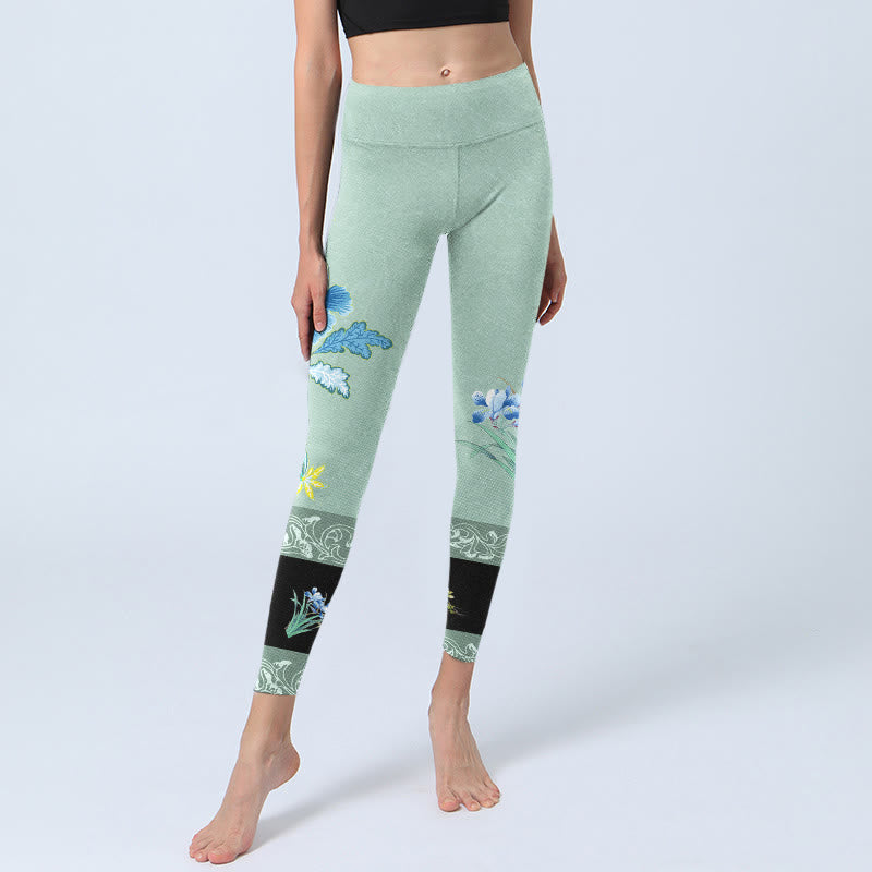 Buddha Stones Mint Grün Blau Pfingstrose Schmetterling Print Sport Leggings Damen Yoga Hose