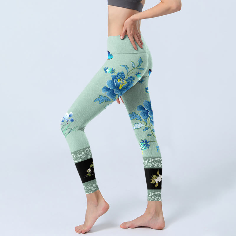 Buddha Stones Mint Grün Blau Pfingstrose Schmetterling Print Sport Leggings Damen Yoga Hose