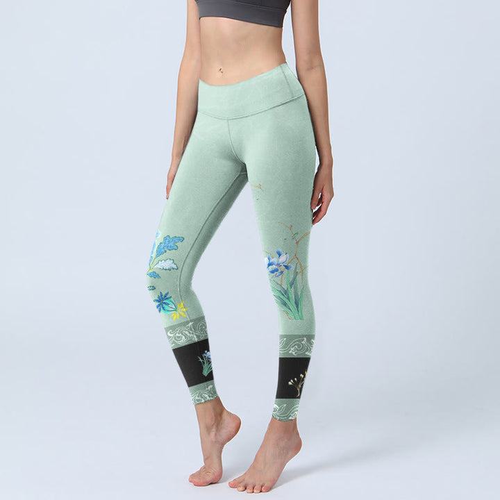 Buddha Stones Mint Grün Blau Pfingstrose Schmetterling Print Sport Leggings Damen Yoga Hose