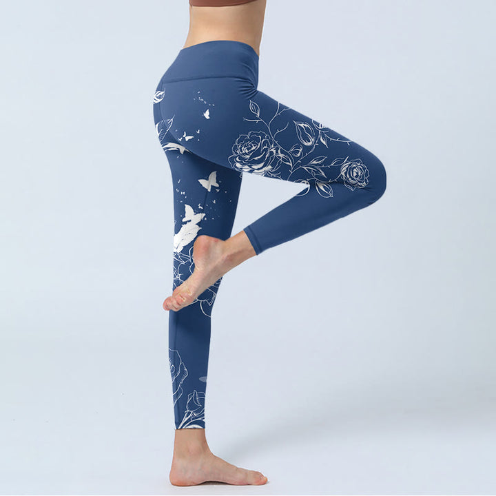 Buddha Stones Blaue Rose Schmetterlingsdruck Sport Leggings Damen Yogahose