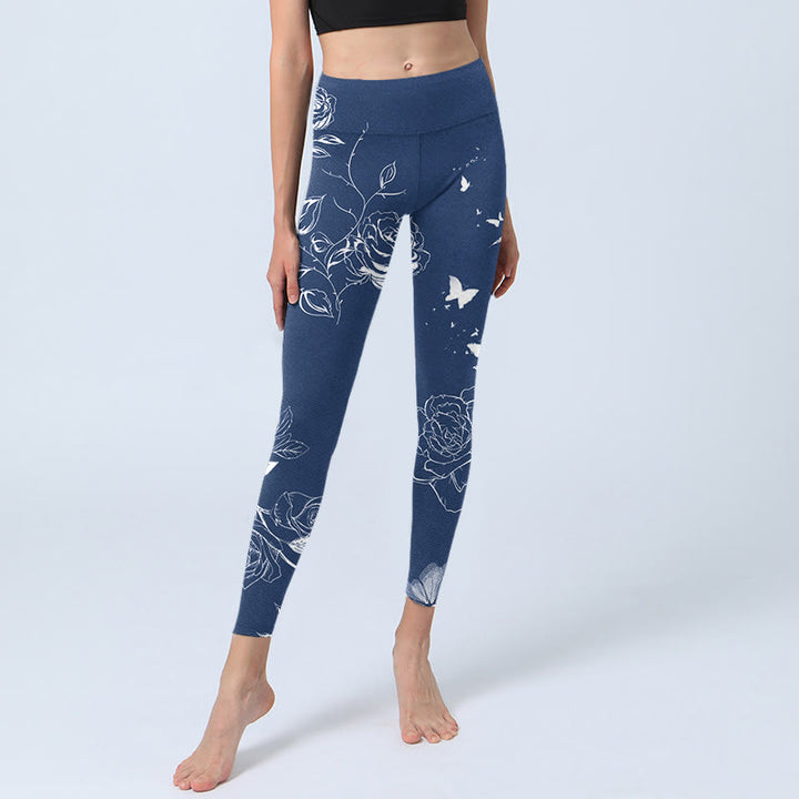 Buddha Stones Blaue Rose Schmetterlingsdruck Sport Leggings Damen Yogahose