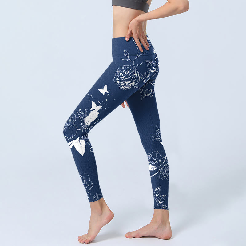 Buddha Stones Blaue Rose Schmetterlingsdruck Sport Leggings Damen Yogahose - image 3
